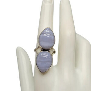 Sterling Silver Blue Lace Agate Double Gemstone Ring Size 8